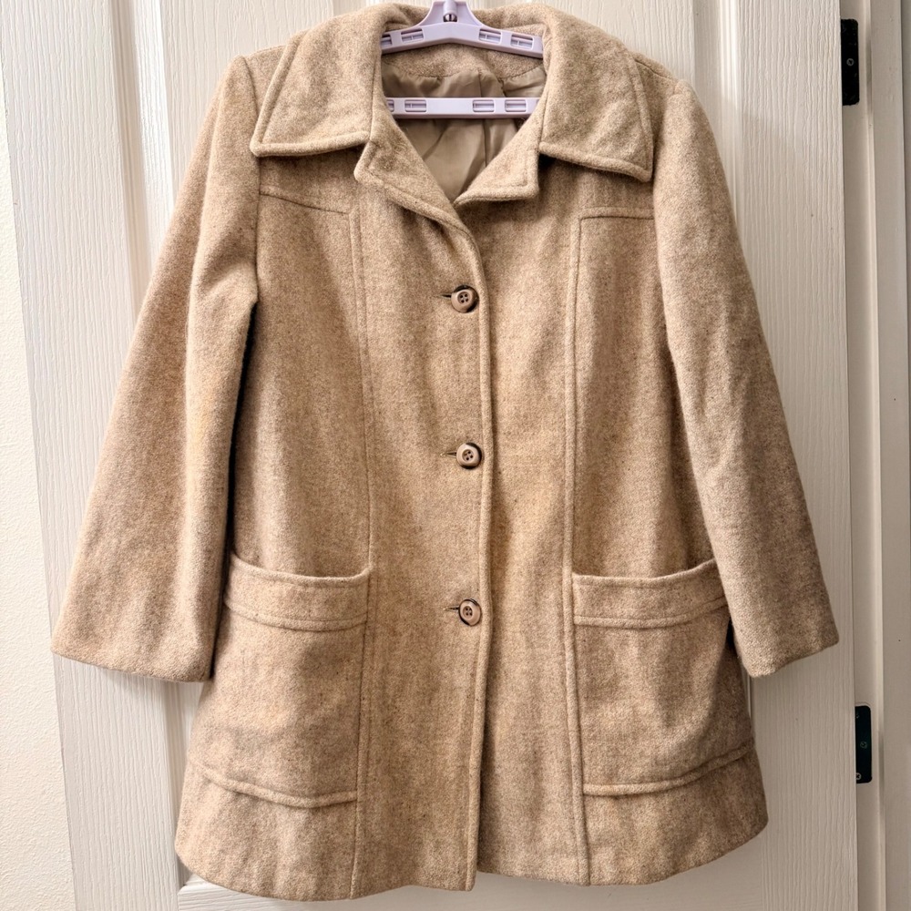 VTG Sears The Fashion Place Women's M Tan Tweed Wool Blend Button Front Coat 70s - Picture 2 of 12